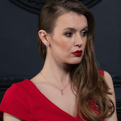 Gold Bar Pendant Necklace with Red Cubic Zirconia Stones - namana.london