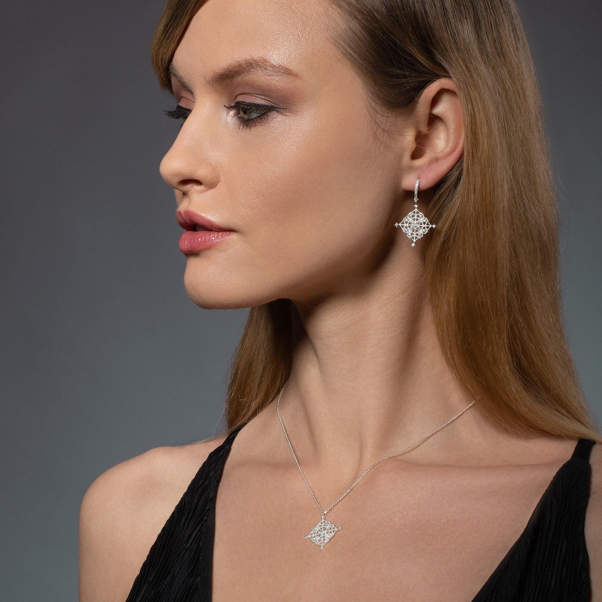 Arabesque Filigree Silver Dangle Earrings with Cubic Zirconia - namana.london