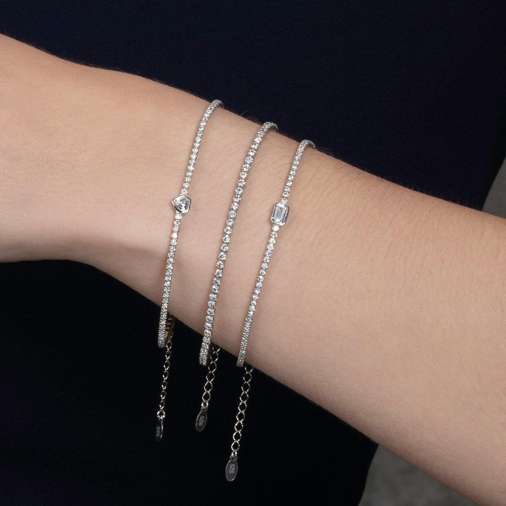 925 Sterling Silver Skinny Tennis Bracelet with a Baguette Stone