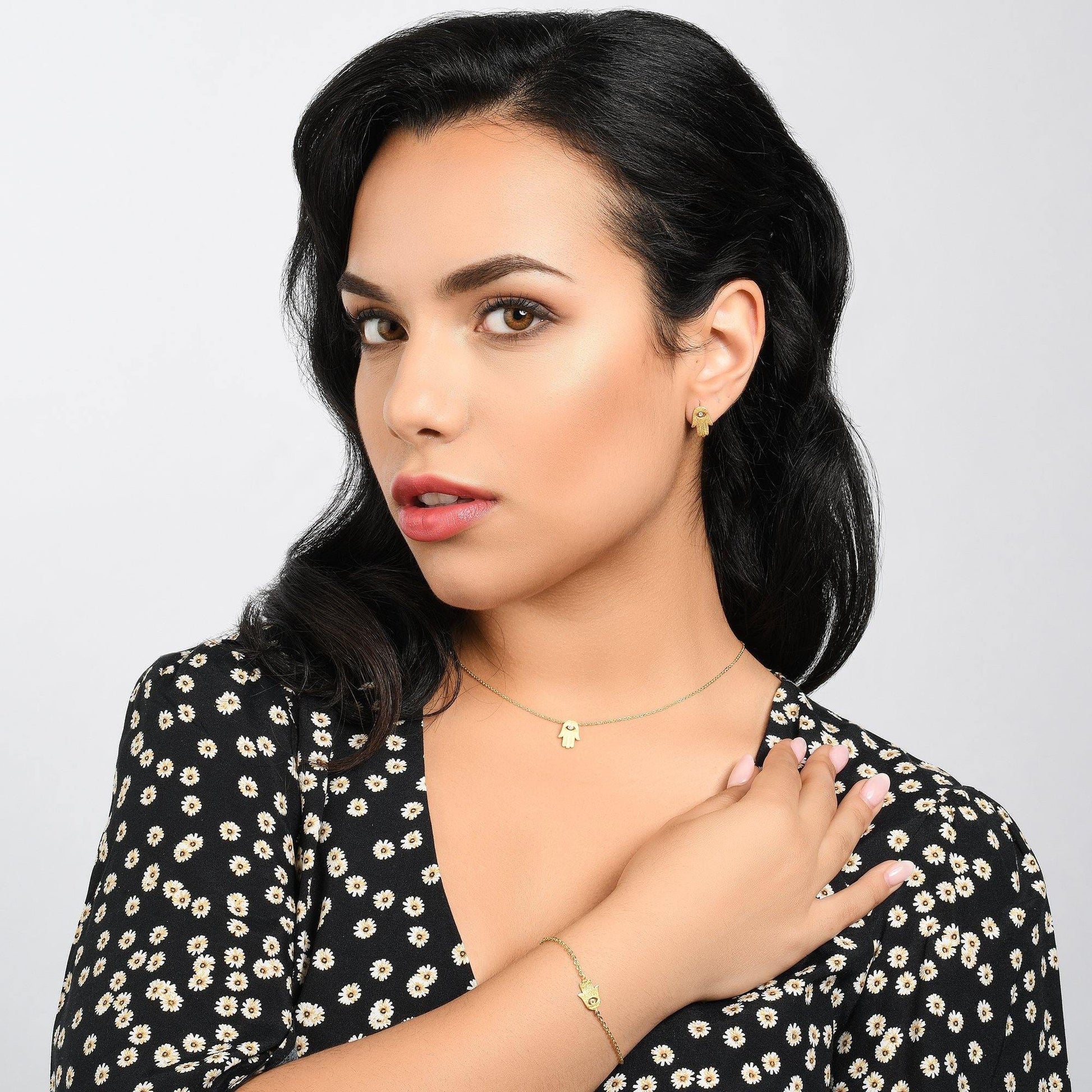 Gold Hamsa Pendant Necklace. Brushed Finish Lucky Charm Necklace. - namana.london