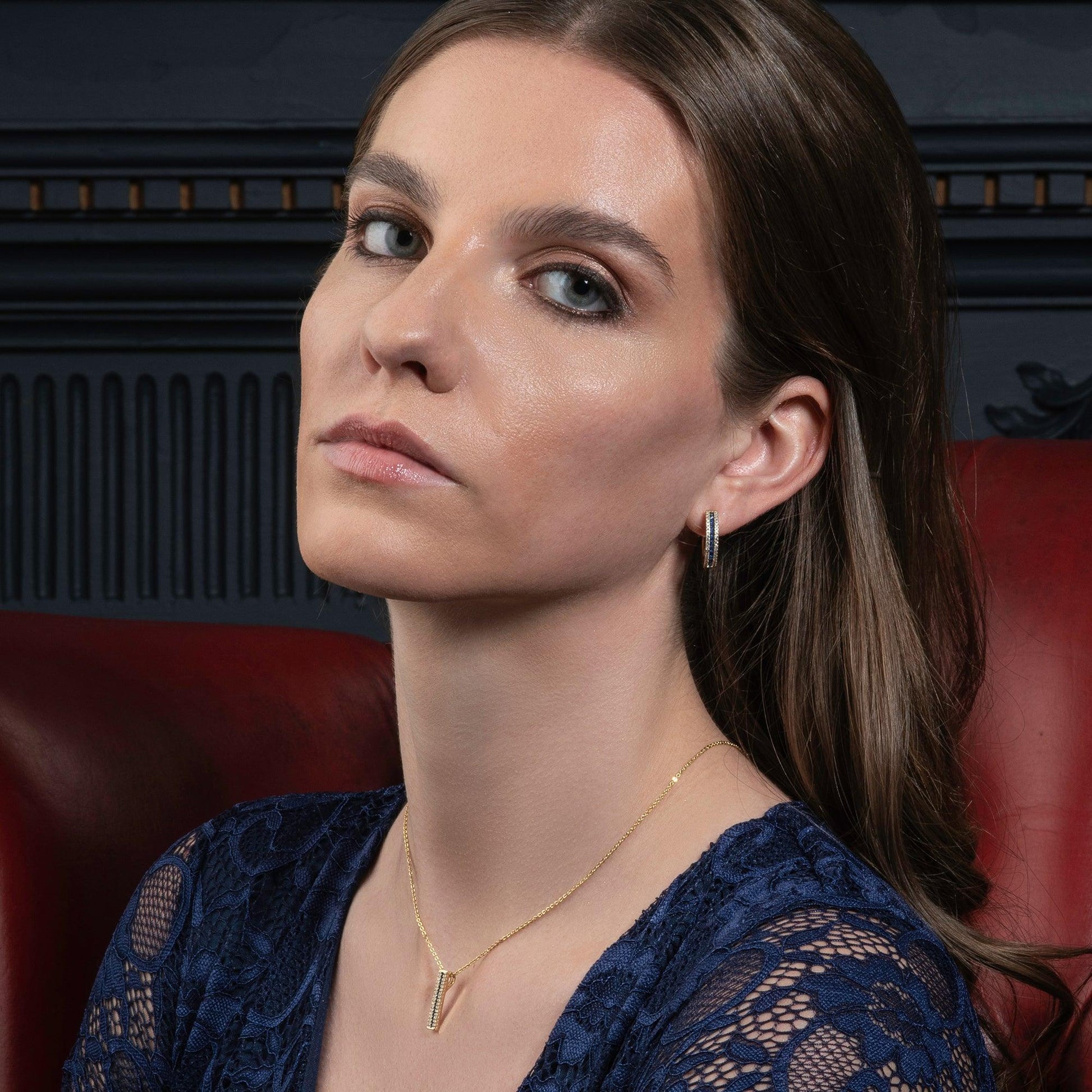 Gold Hoop Earrings with Blue Cubic Zirconia Stones - namana.london