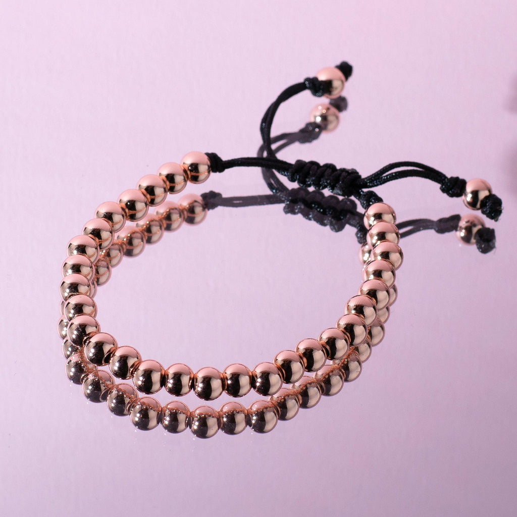 Rose Gold Bracelet for Kids with Metal Beads on Adjustable Black Cord - namana.london