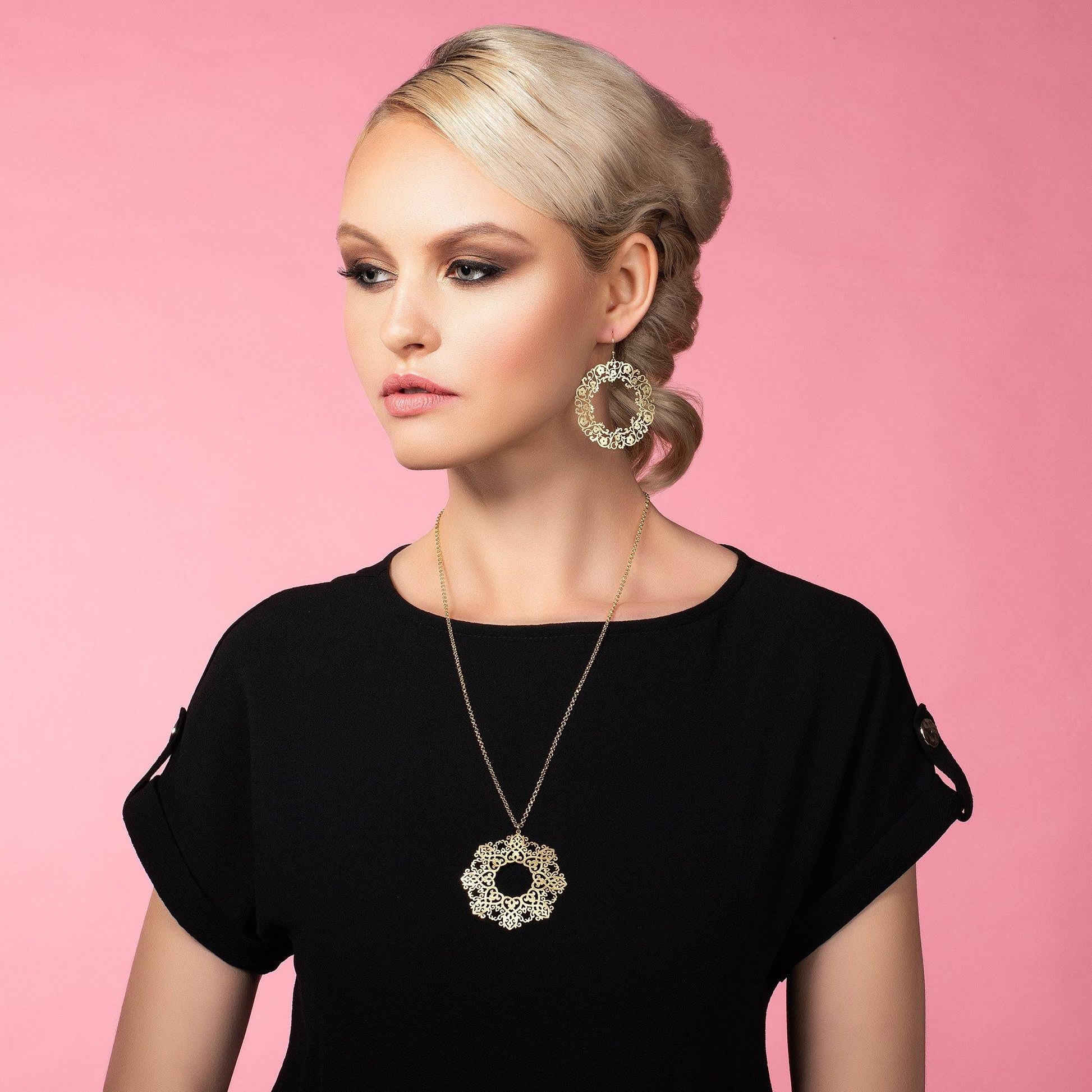 Long Gold Mandala Pendant Necklace with Brushed Finish - namana.london