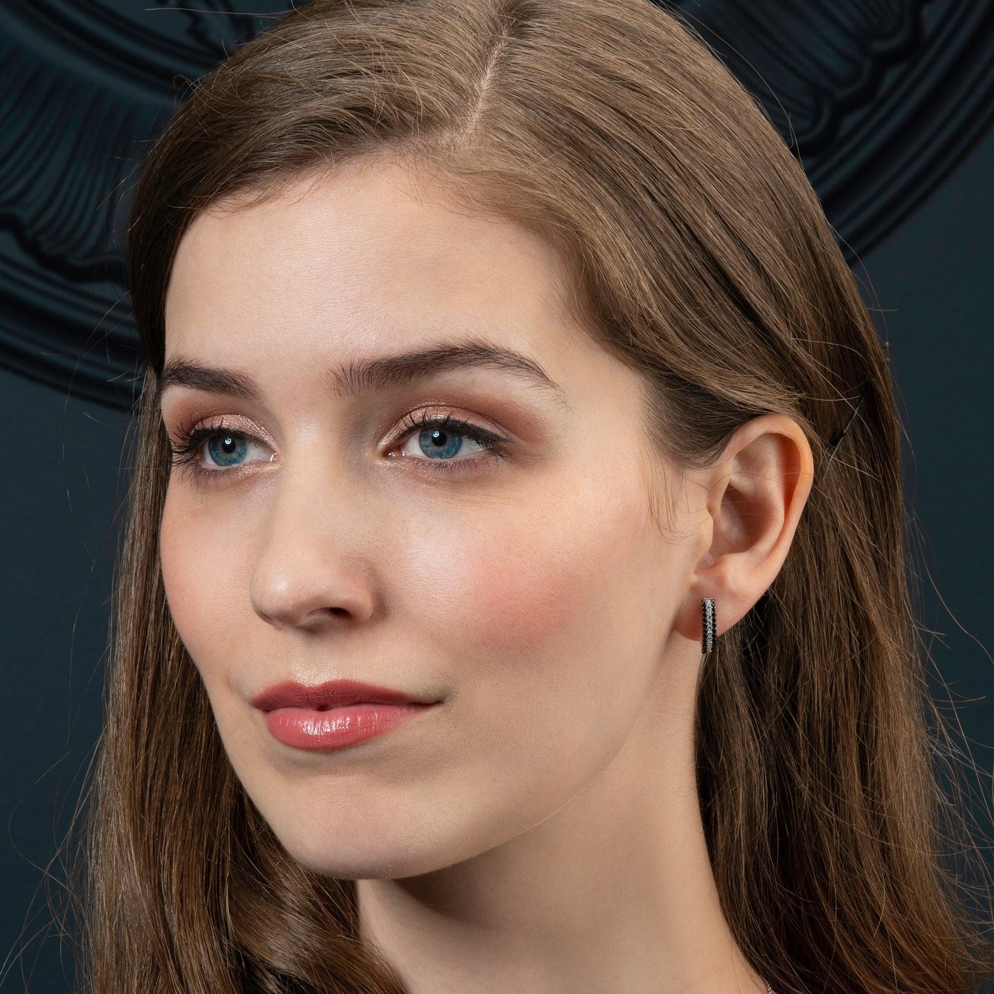 Sterling Silver Hoop Earrings for Women with Black Stones - namana.london