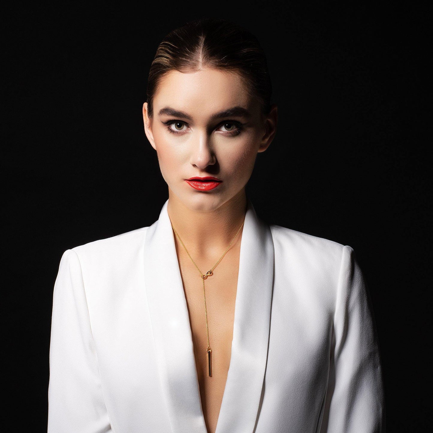 Gold Infinity Y Necklace. Gold Lariat Necklace with a Vertical Bar - namana.london