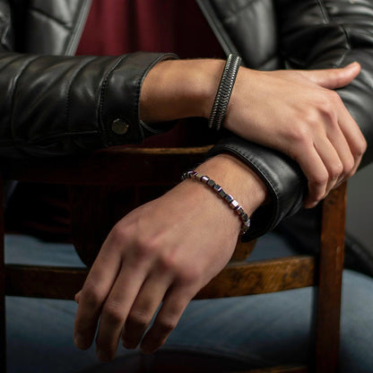 Steel and Leather Bangle Bracelet for Men - namana.london