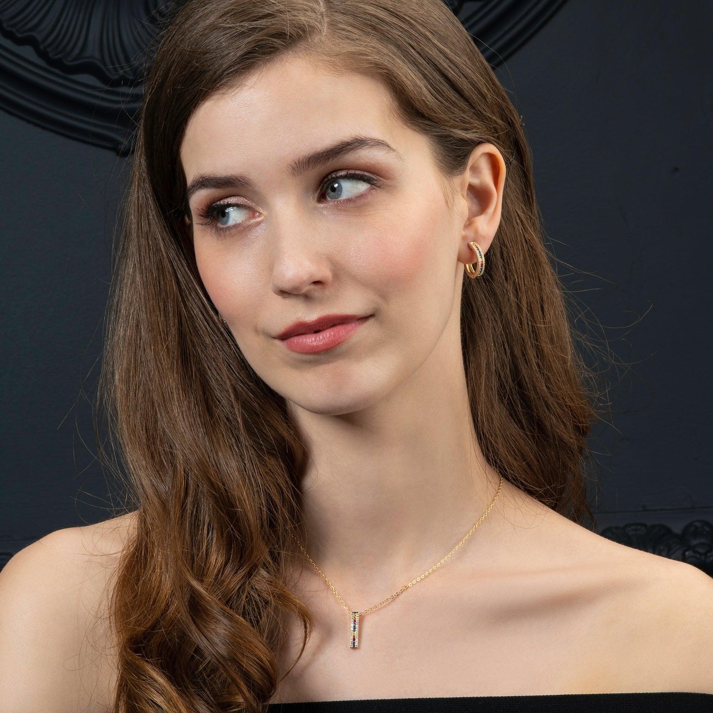 Gold Rainbow Bar Pendant Necklace with Coloured Zirconia Stones - namana.london