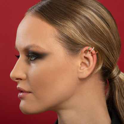 Pair of Gold Ear Cuffs with Green Cubic Zirconia Stones - namana.london