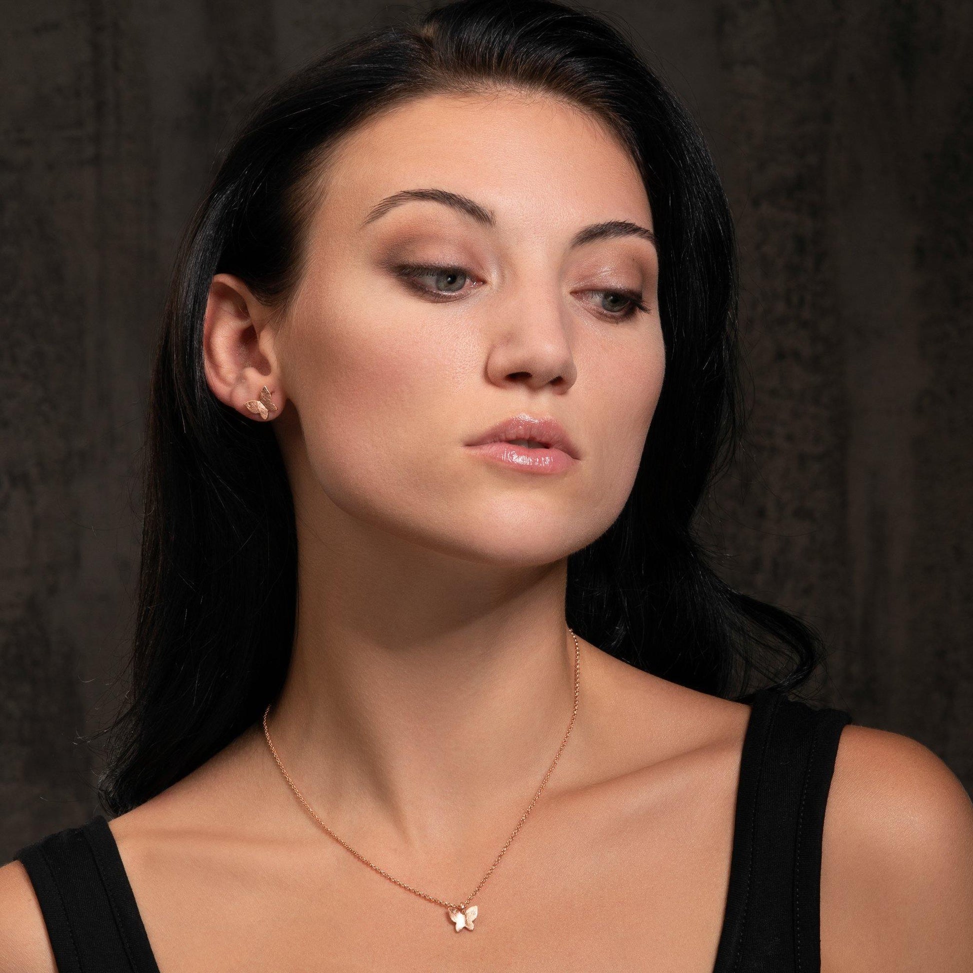 Rose Gold Butterfly Stud Earrings with Brushed Finish - namana.london