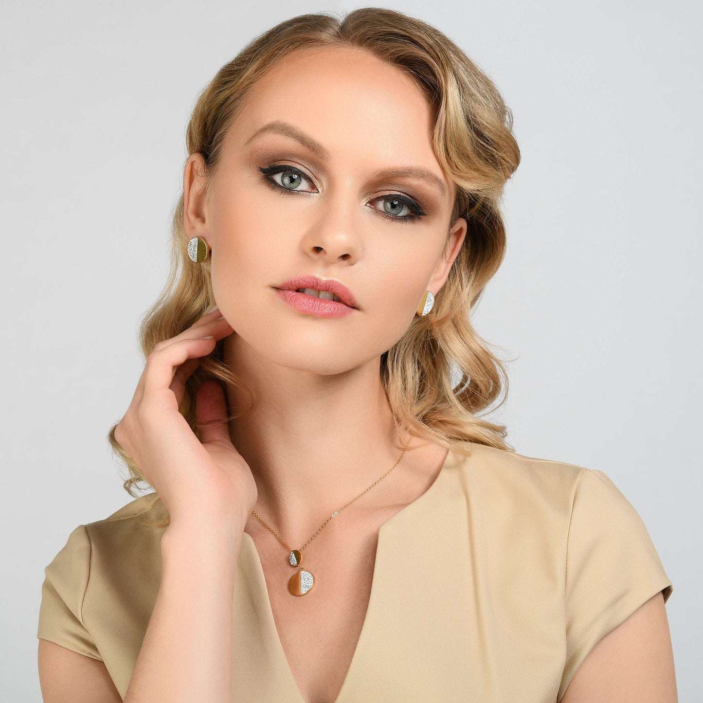Gold Disc Stud Earrings with Swarovski Crystals - namana.london