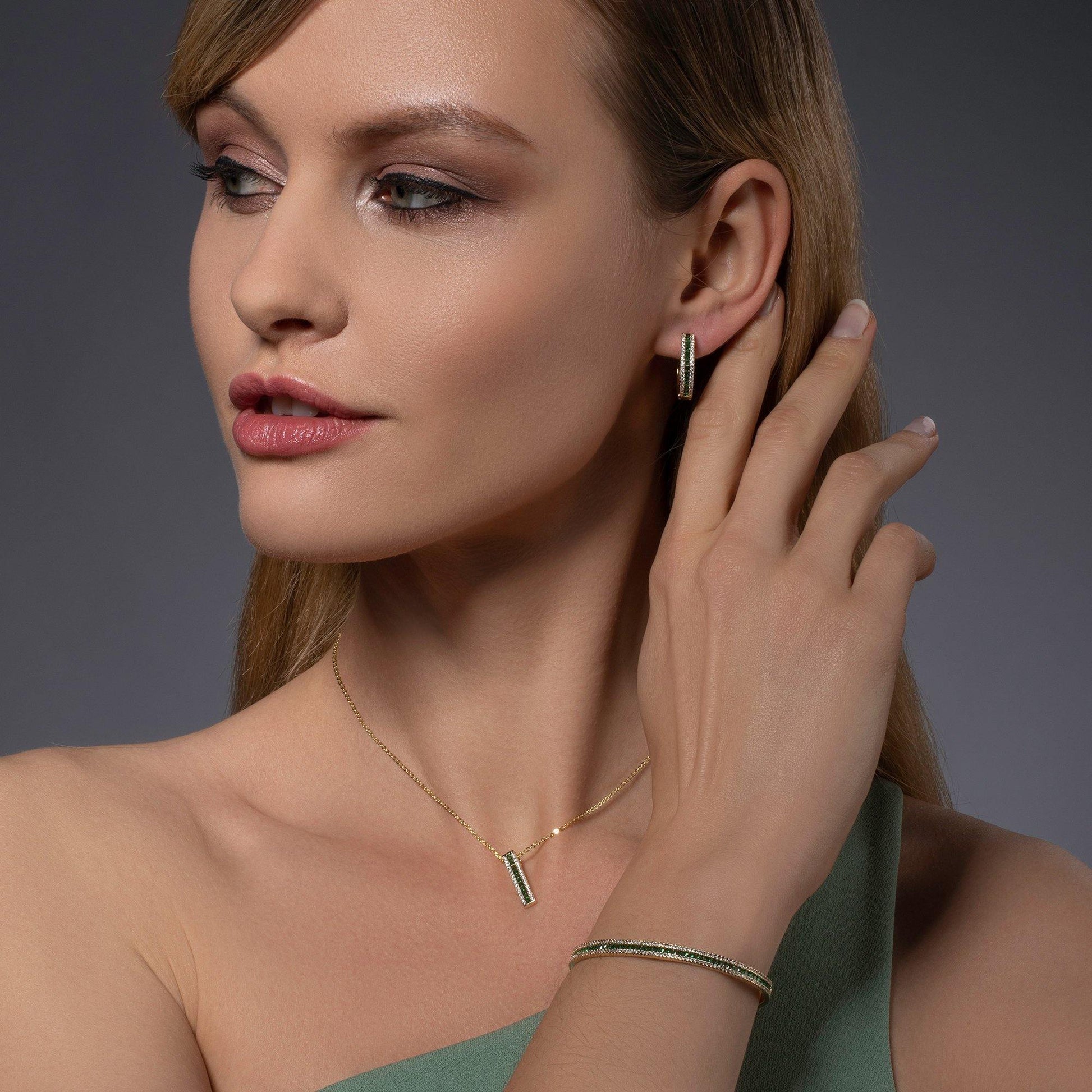 Gold Hoop Earrings with Green Cubic Zirconia Stones - namana.london