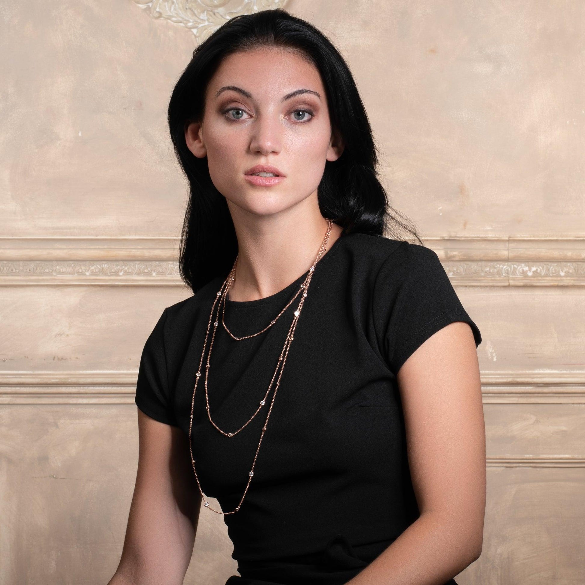 Long Rose Gold Chain Necklace with Stones - namana.london