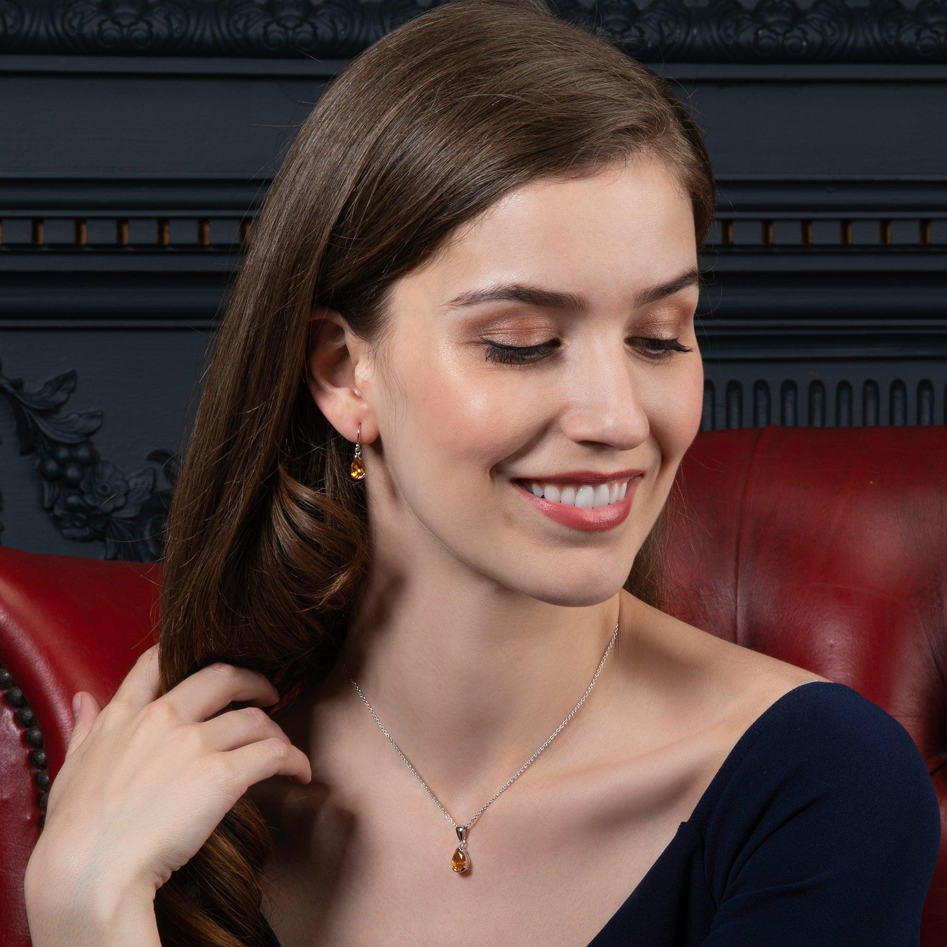 925 Sterling Silver Pear Shaped Citrine Pendant Necklace - namana.london
