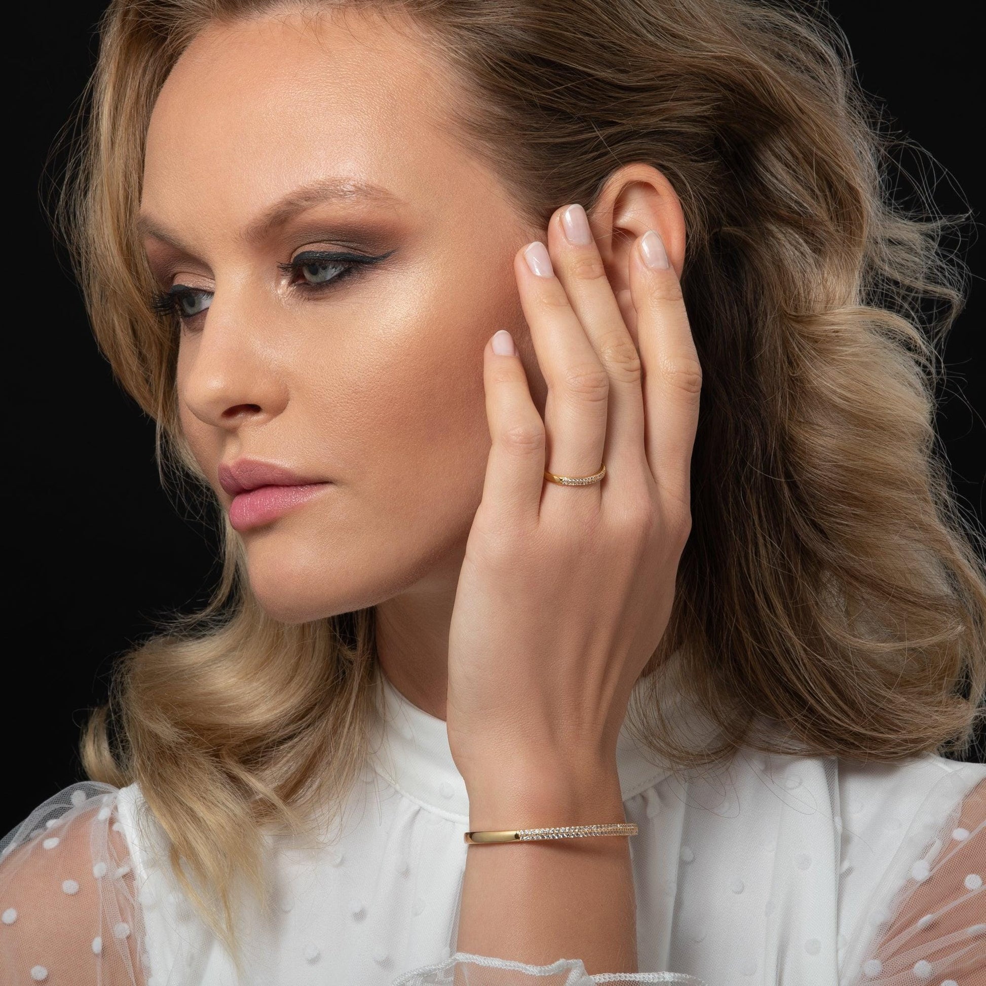 Adjustable Gold Plated Band Ring for Women with Cubic Zirconia Stones - namana.london